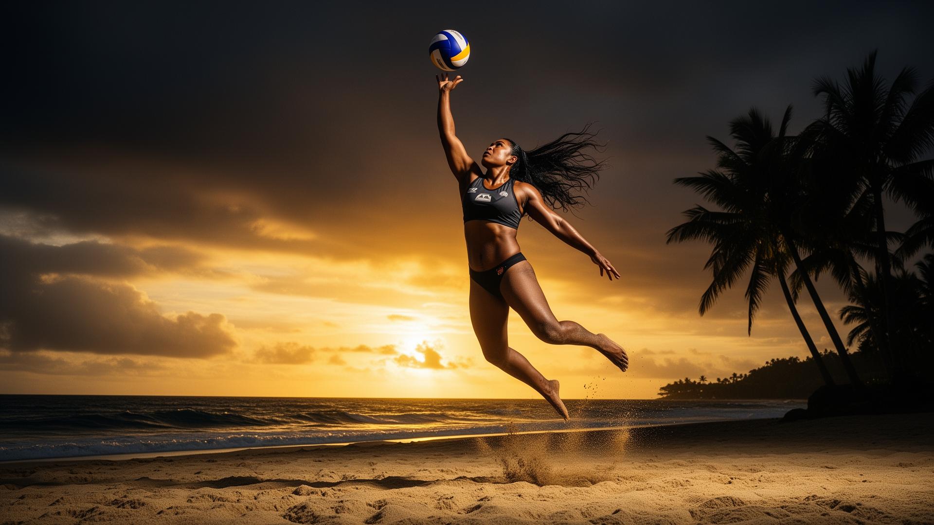 Beach volleyball athlete spiking at sunset on a Polynesian beach