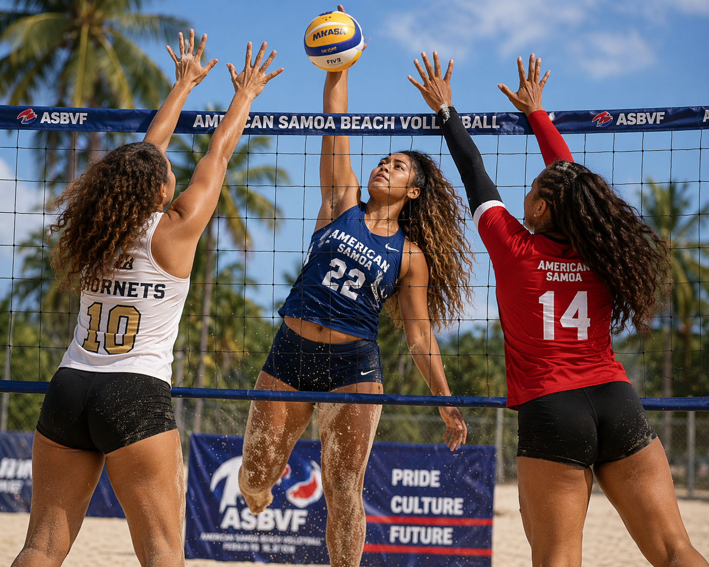 American Samoa beach volleyball athletes competing at the net